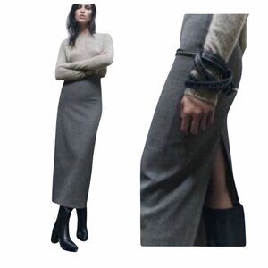 Zara Grey High Waist Pencil Skirt XS | Tailored Midi Slit Skirt Workwear